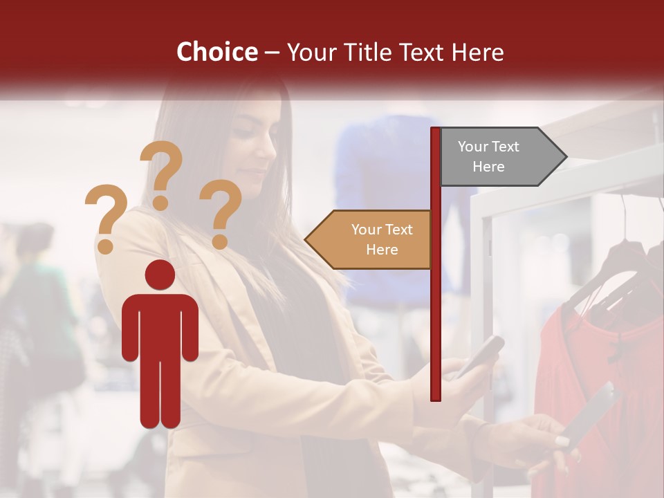 A Woman Looking At A Cell Phone In A Clothing Store PowerPoint Template