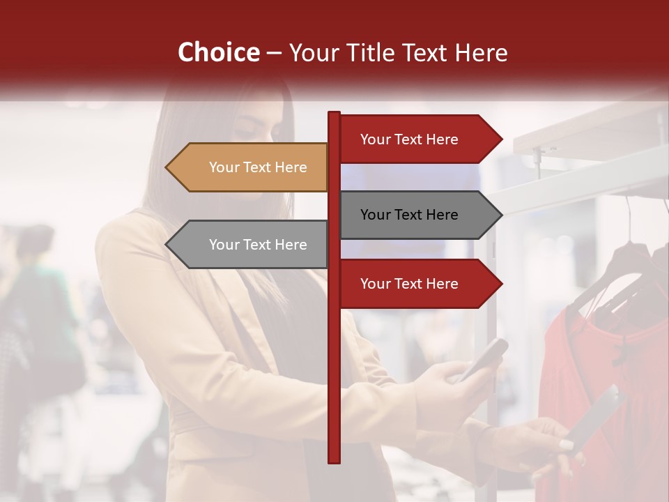 A Woman Looking At A Cell Phone In A Clothing Store PowerPoint Template