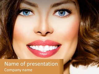 A Beautiful Woman With Blue Eyes And A Smile On Her Face PowerPoint Template