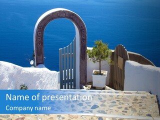 An Arch Over A Blue Ocean With A Plant In The Foreground PowerPoint Template