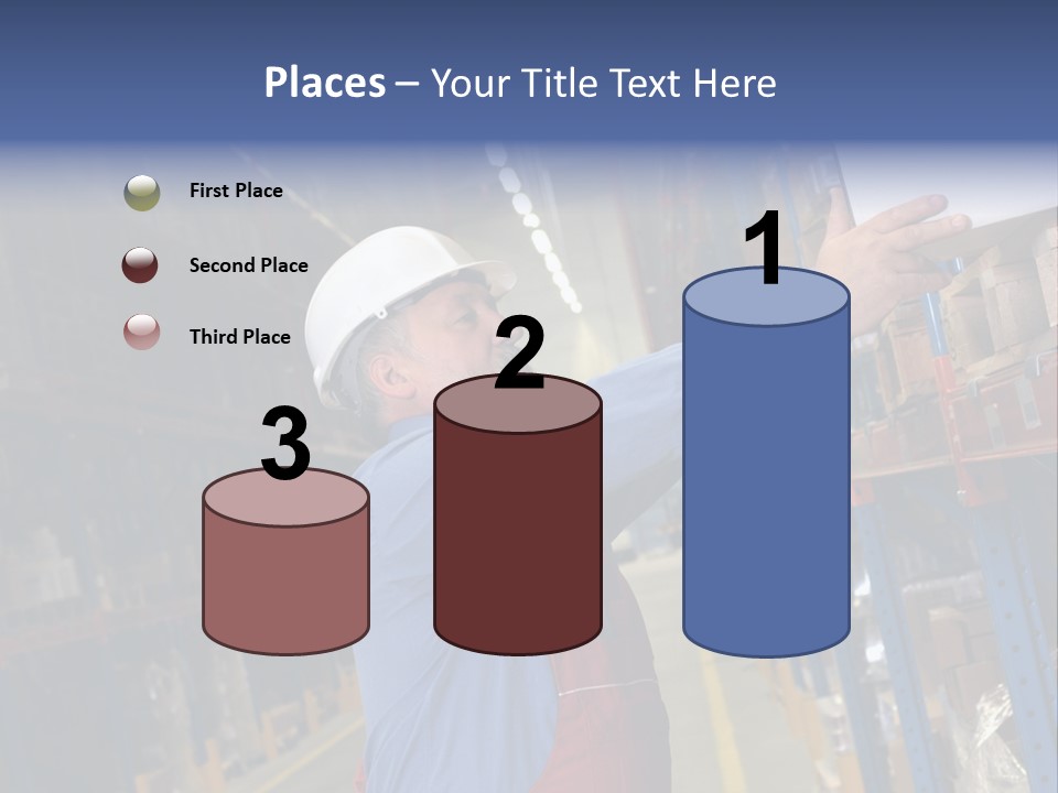 A Man In A Warehouse Is Looking At A Piece Of Paper PowerPoint Template