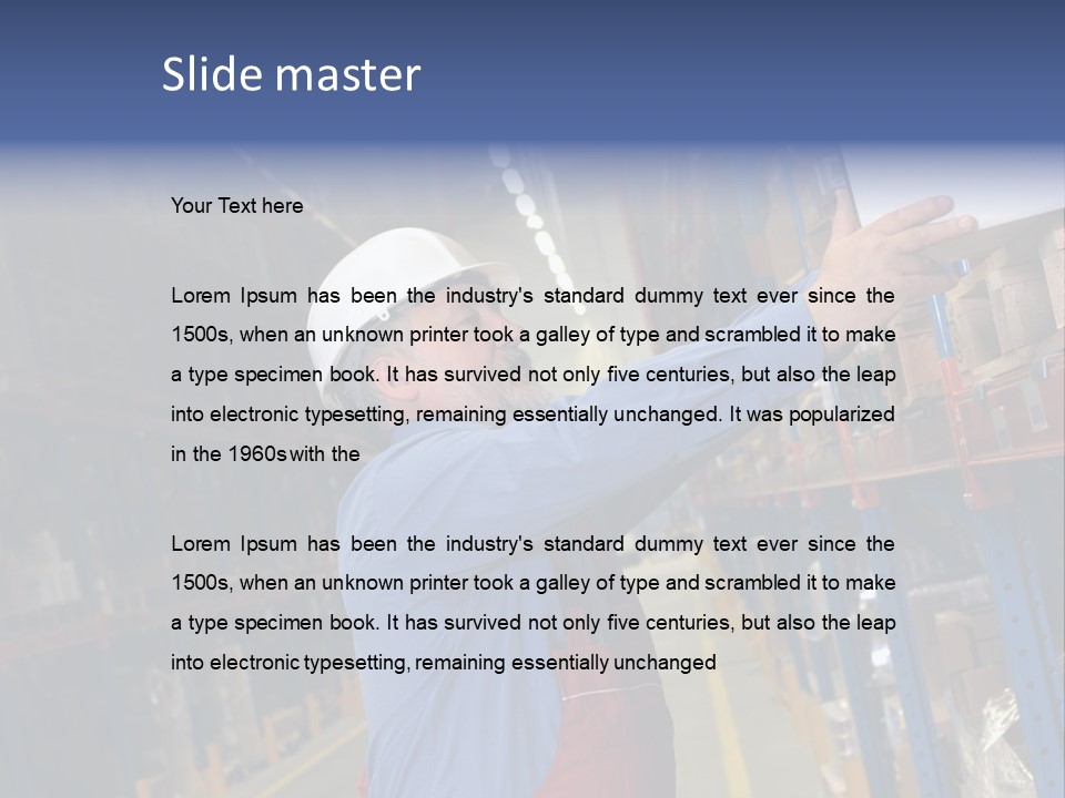 A Man In A Warehouse Is Looking At A Piece Of Paper PowerPoint Template