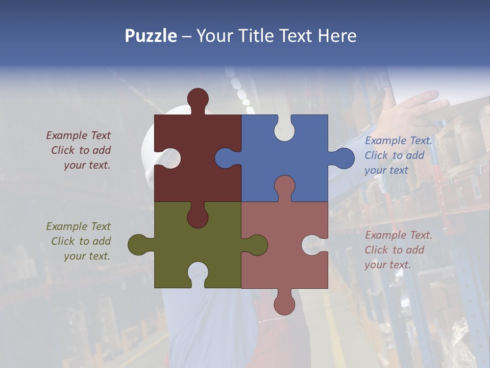 A Man In A Warehouse Is Looking At A Piece Of Paper PowerPoint Template