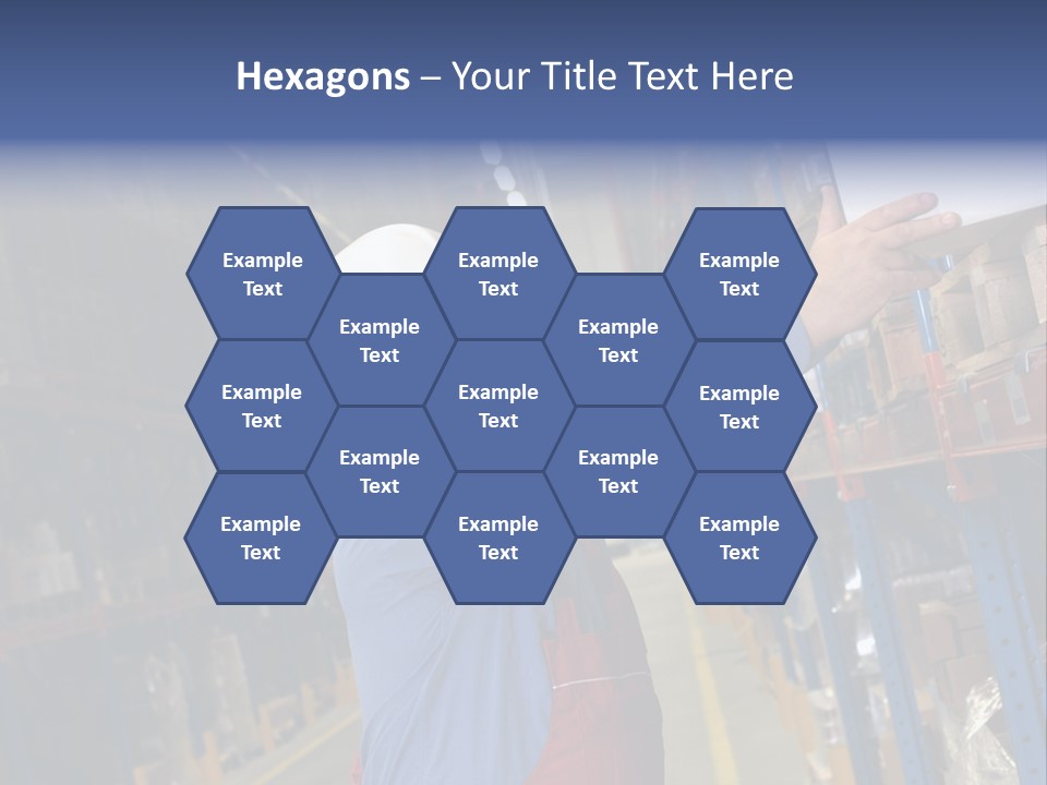 A Man In A Warehouse Is Looking At A Piece Of Paper PowerPoint Template