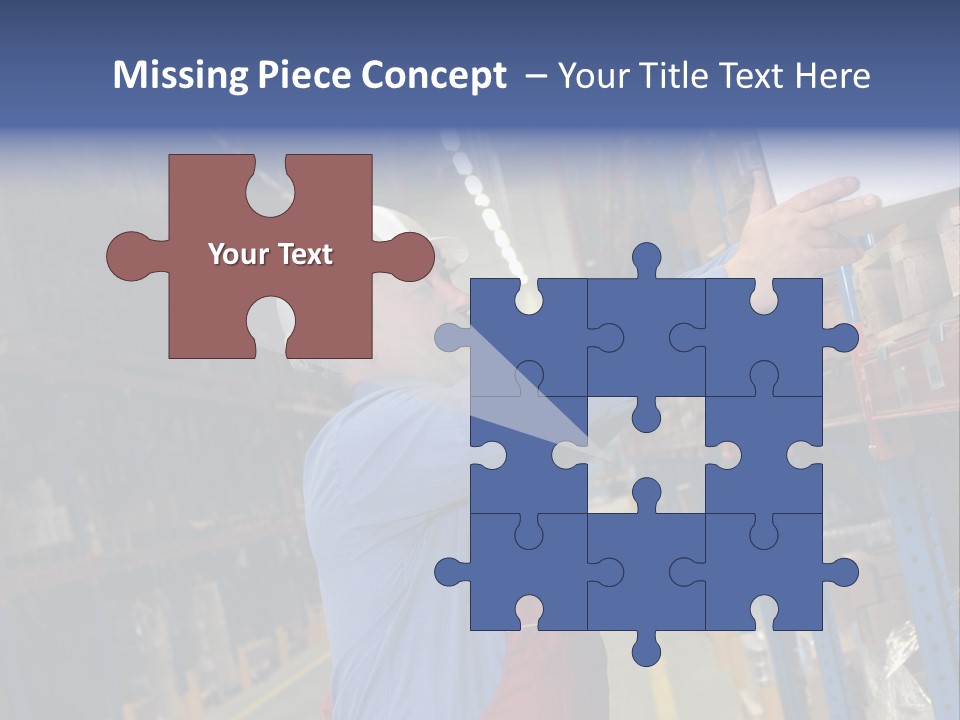 A Man In A Warehouse Is Looking At A Piece Of Paper PowerPoint Template