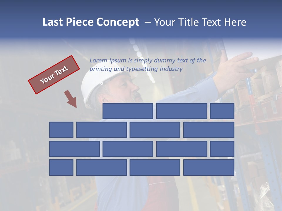 A Man In A Warehouse Is Looking At A Piece Of Paper PowerPoint Template