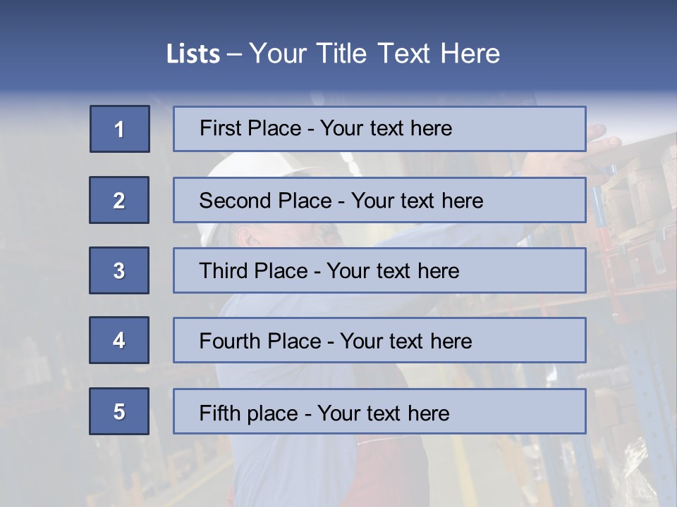 A Man In A Warehouse Is Looking At A Piece Of Paper PowerPoint Template