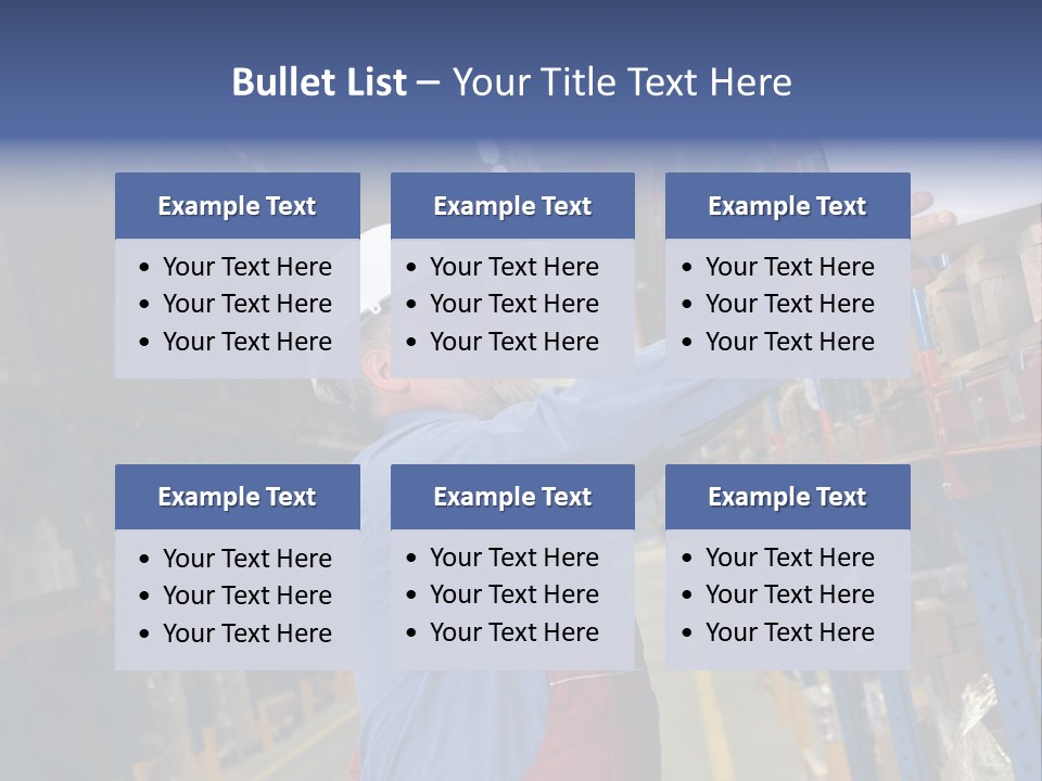 A Man In A Warehouse Is Looking At A Piece Of Paper PowerPoint Template
