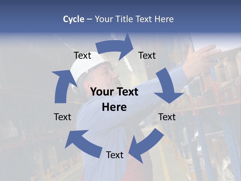 A Man In A Warehouse Is Looking At A Piece Of Paper PowerPoint Template