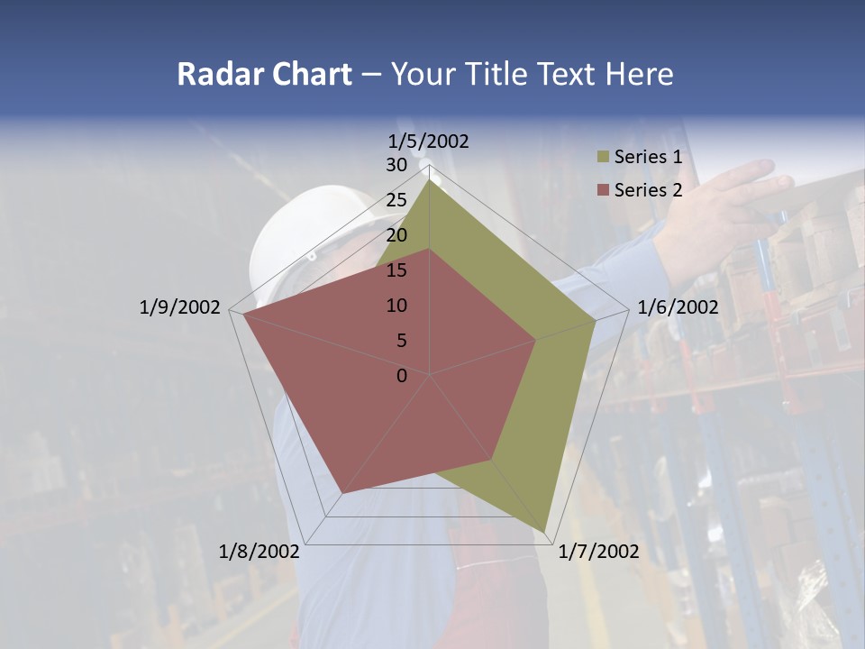 A Man In A Warehouse Is Looking At A Piece Of Paper PowerPoint Template
