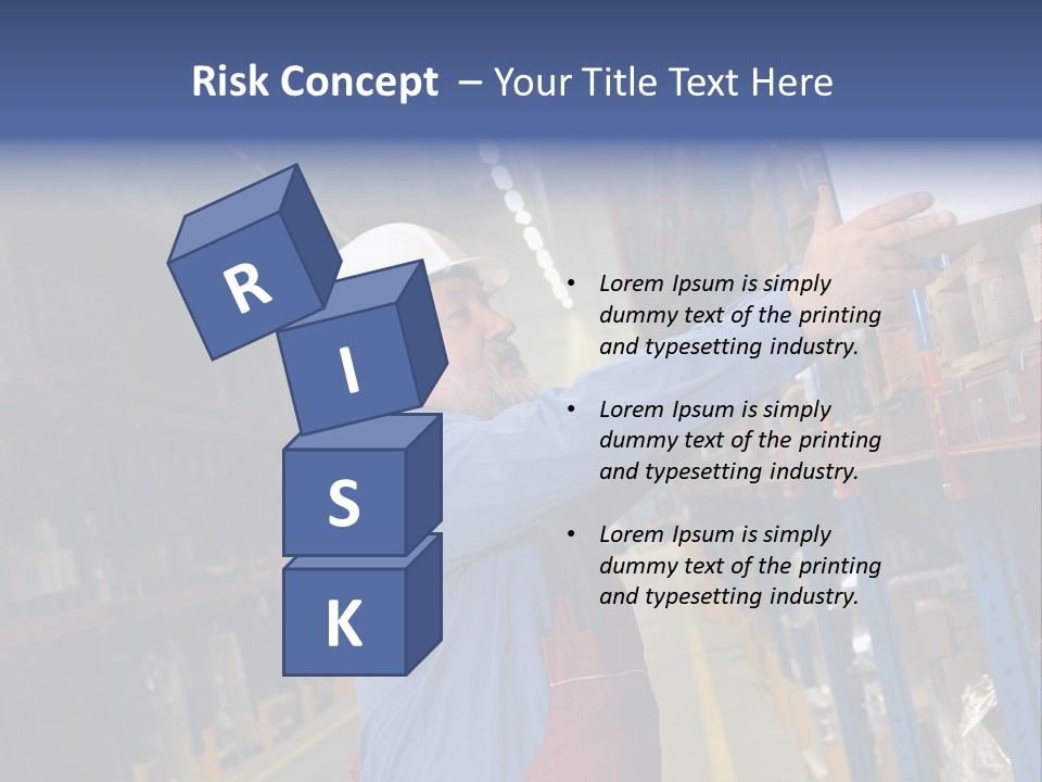 A Man In A Warehouse Is Looking At A Piece Of Paper PowerPoint Template