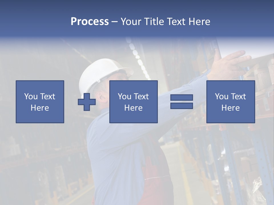 A Man In A Warehouse Is Looking At A Piece Of Paper PowerPoint Template