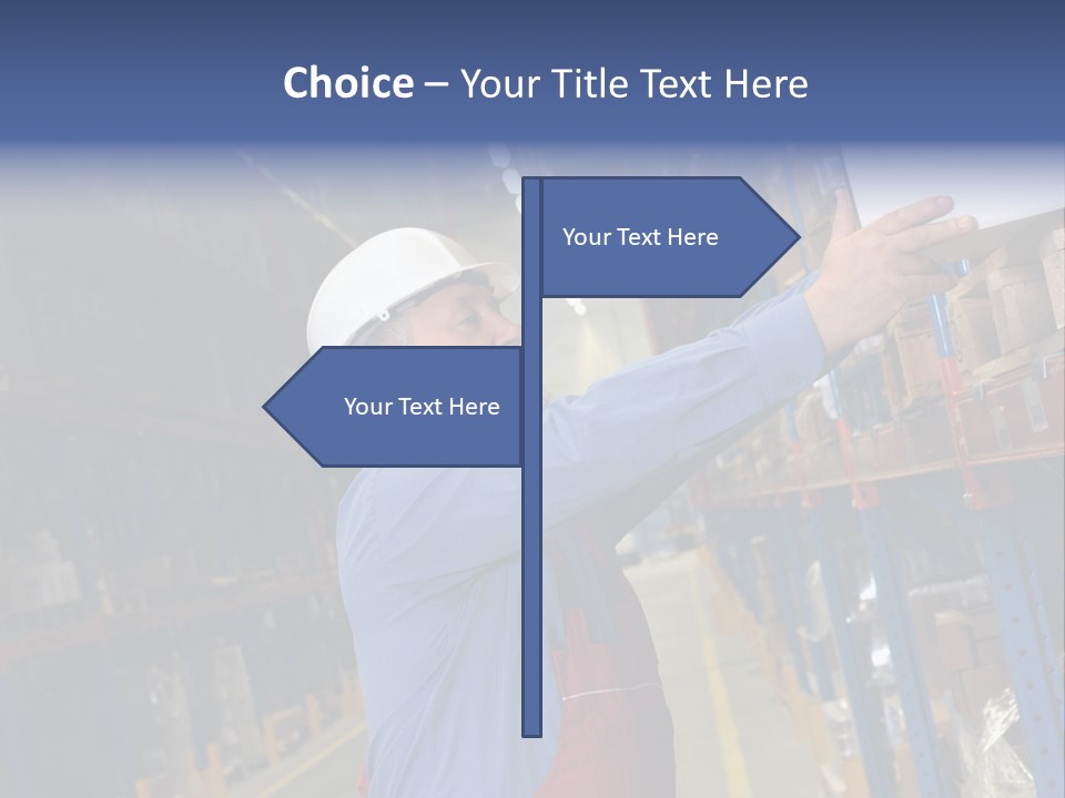 A Man In A Warehouse Is Looking At A Piece Of Paper PowerPoint Template