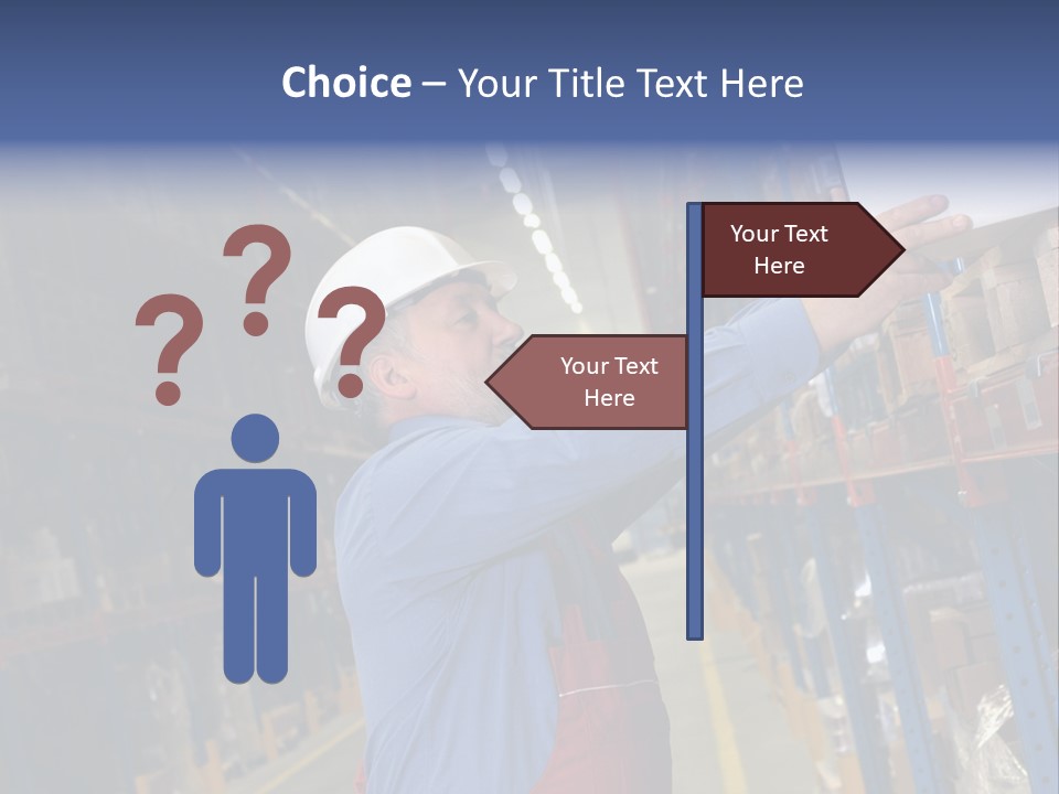 A Man In A Warehouse Is Looking At A Piece Of Paper PowerPoint Template