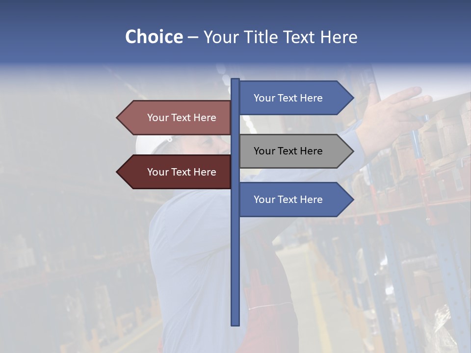 A Man In A Warehouse Is Looking At A Piece Of Paper PowerPoint Template