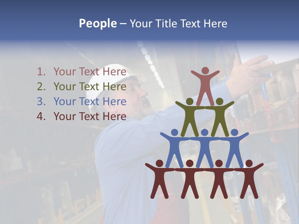 A Man In A Warehouse Is Looking At A Piece Of Paper PowerPoint Template