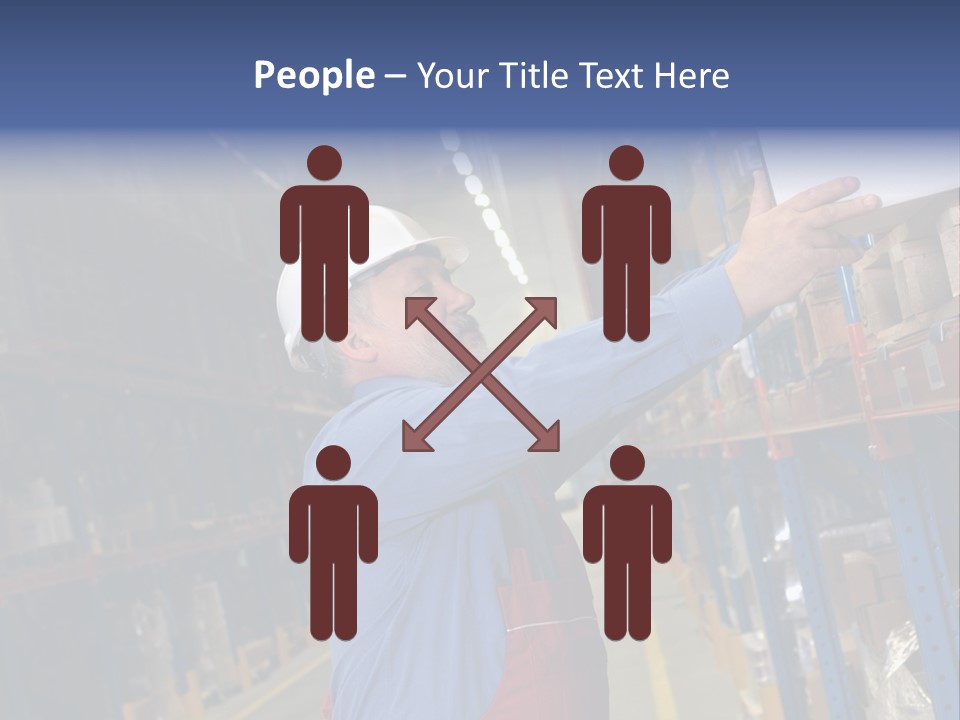 A Man In A Warehouse Is Looking At A Piece Of Paper PowerPoint Template