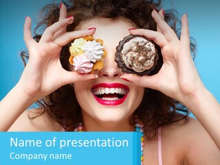 A Woman Holding Two Cupcakes Over Her Eyes PowerPoint Template