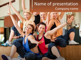 A Group Of Women Sitting On A Bench With Their Arms In The Air PowerPoint Template