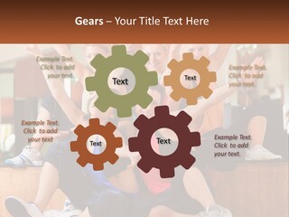 A Group Of Women Sitting On A Bench With Their Arms In The Air PowerPoint Template