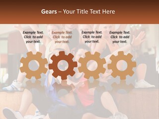 A Group Of Women Sitting On A Bench With Their Arms In The Air PowerPoint Template