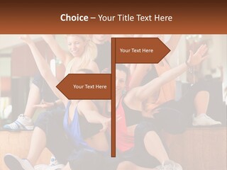 A Group Of Women Sitting On A Bench With Their Arms In The Air PowerPoint Template