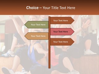 A Group Of Women Sitting On A Bench With Their Arms In The Air PowerPoint Template