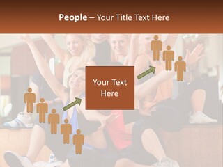 A Group Of Women Sitting On A Bench With Their Arms In The Air PowerPoint Template