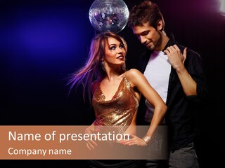 A Man Standing Next To A Woman With A Disco Ball On Her Head PowerPoint Template