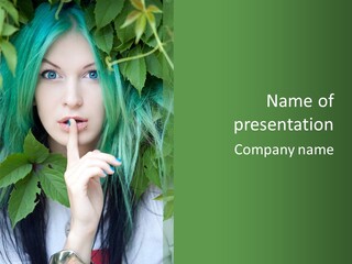 A Woman With Green Hair Is Holding Her Finger Up To Her Mouth PowerPoint Template