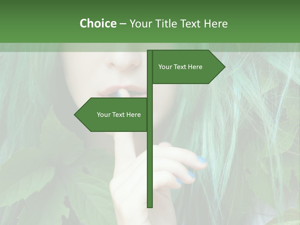 A Woman With Green Hair Is Holding Her Finger Up To Her Mouth PowerPoint Template