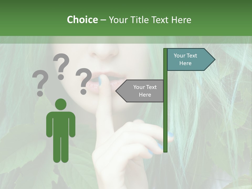 A Woman With Green Hair Is Holding Her Finger Up To Her Mouth PowerPoint Template