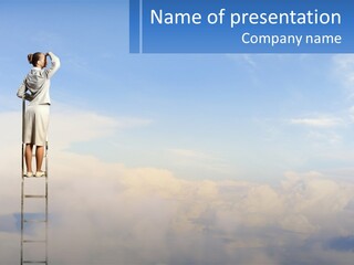 A Woman Standing On A Ladder Looking At The Sky PowerPoint Template