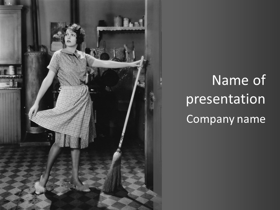 A Woman Is Cleaning The Floor With A Broom PowerPoint Template