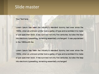 A Group Of People Walking Down A Street Next To Tall Buildings PowerPoint Template