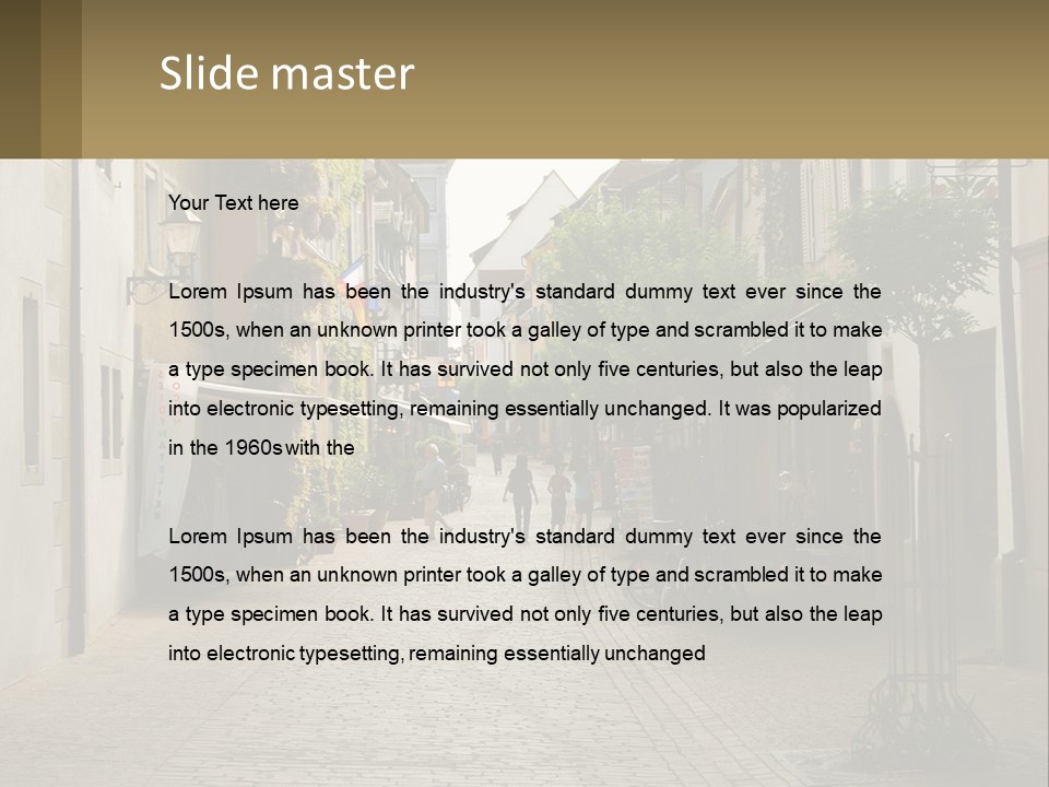 A Group Of People Walking Down A Street Next To Tall Buildings PowerPoint Template