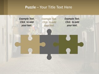 A Group Of People Walking Down A Street Next To Tall Buildings PowerPoint Template