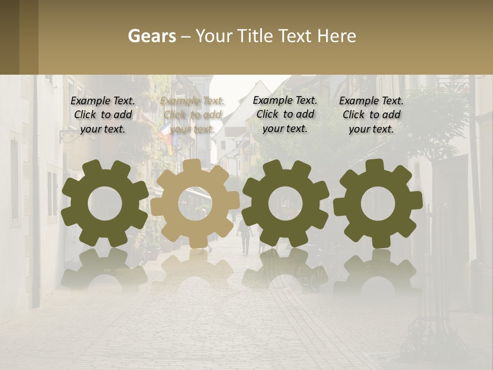 A Group Of People Walking Down A Street Next To Tall Buildings PowerPoint Template