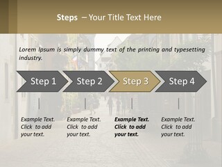 A Group Of People Walking Down A Street Next To Tall Buildings PowerPoint Template