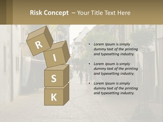 A Group Of People Walking Down A Street Next To Tall Buildings PowerPoint Template