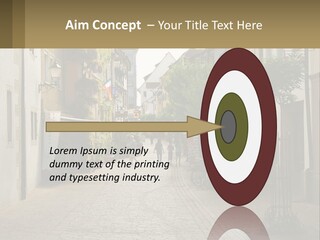 A Group Of People Walking Down A Street Next To Tall Buildings PowerPoint Template