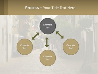 A Group Of People Walking Down A Street Next To Tall Buildings PowerPoint Template