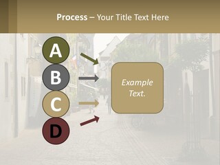 A Group Of People Walking Down A Street Next To Tall Buildings PowerPoint Template