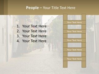 A Group Of People Walking Down A Street Next To Tall Buildings PowerPoint Template