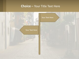 A Group Of People Walking Down A Street Next To Tall Buildings PowerPoint Template