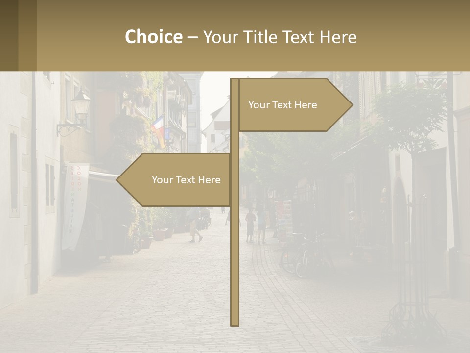 A Group Of People Walking Down A Street Next To Tall Buildings PowerPoint Template