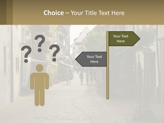 A Group Of People Walking Down A Street Next To Tall Buildings PowerPoint Template