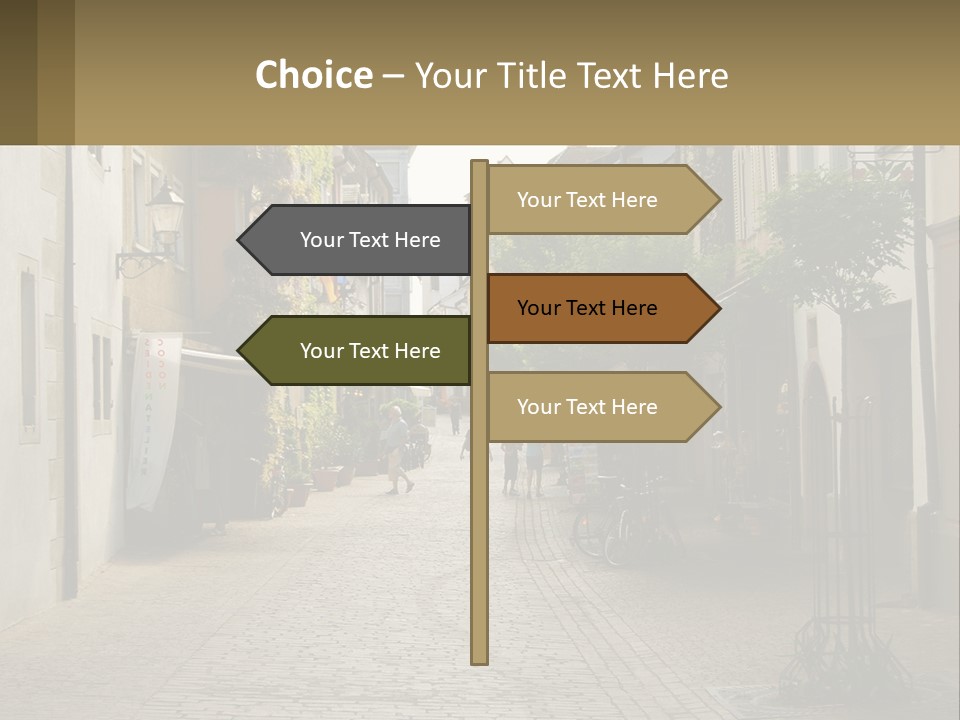 A Group Of People Walking Down A Street Next To Tall Buildings PowerPoint Template