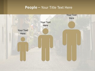 A Group Of People Walking Down A Street Next To Tall Buildings PowerPoint Template