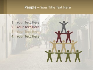 A Group Of People Walking Down A Street Next To Tall Buildings PowerPoint Template